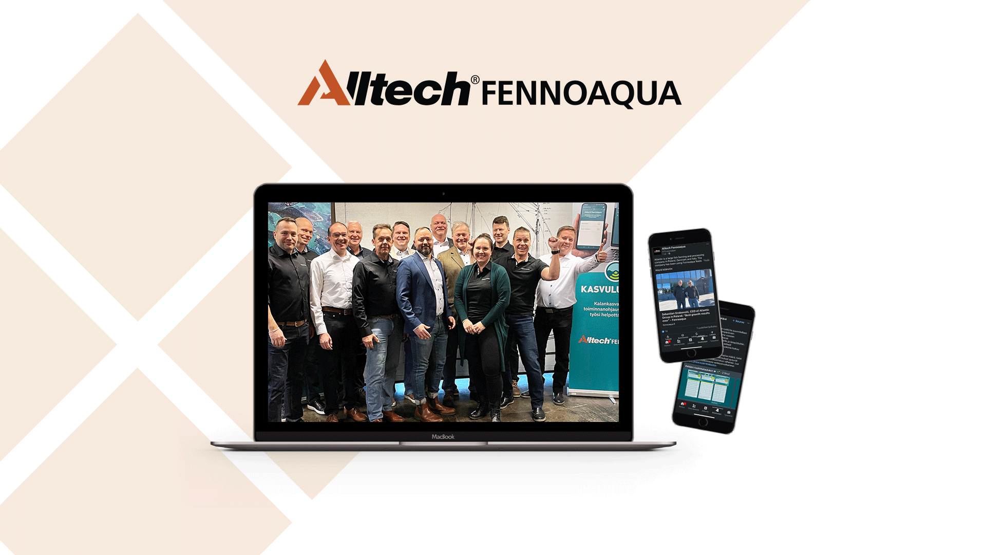 Tietokoneen näytöllä ja kahden kännykän ruuduilla näkyy some-sisältöä, yläreunassa lukee Alltech Fennoaqua