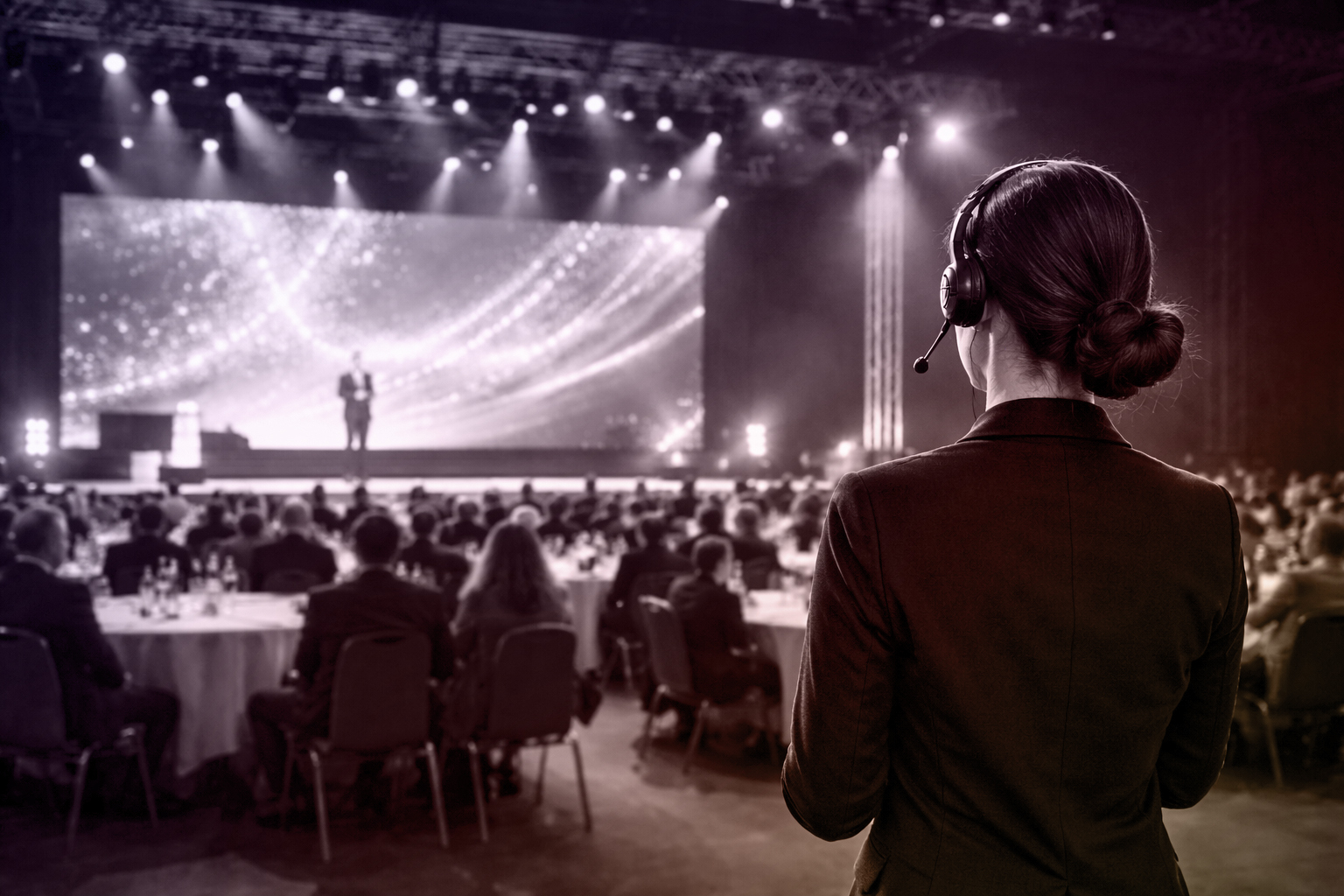 Yleisö istuu pöydissä lavan edessä, lavalla yksi esiintyjä, kuvan etualalla tapahtumatuottaja kuulokkeet korvissa